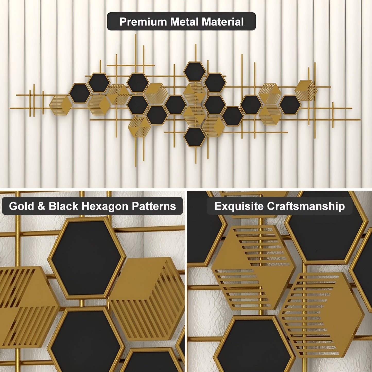 Modern Geometric Metal Wall Decor – Hexagon Shape (Gold & Black)