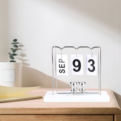 Gold & Silver Metal Desk Calendar with Wooden Base / Reusable Flip Calendar for Home & Office Decor with Bear Figurines