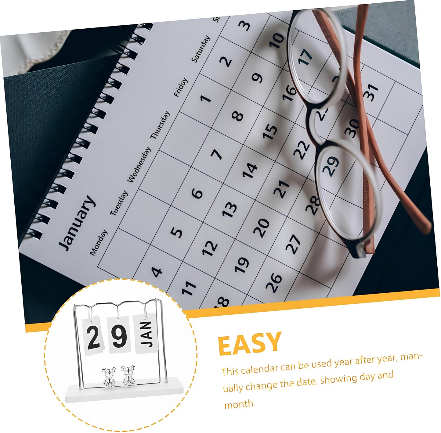 Gold & Silver Metal Desk Calendar with Wooden Base / Reusable Flip Calendar for Home & Office Decor with Bear Figurines