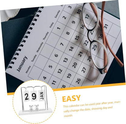 Gold & Silver Metal Desk Calendar with Wooden Base / Reusable Flip Calendar for Home & Office Decor with Bear Figurines