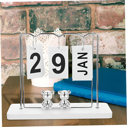 Gold & Silver Metal Desk Calendar with Wooden Base / Reusable Flip Calendar for Home & Office Decor with Bear Figurines