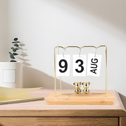 Gold & Silver Metal Desk Calendar with Wooden Base / Reusable Flip Calendar for Home & Office Decor with Bear Figurines