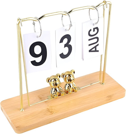 Gold & Silver Metal Desk Calendar with Wooden Base / Reusable Flip Calendar for Home & Office Decor with Bear Figurines