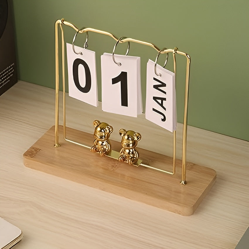Gold & Silver Metal Desk Calendar with Wooden Base / Reusable Flip Calendar for Home & Office Decor with Bear Figurines