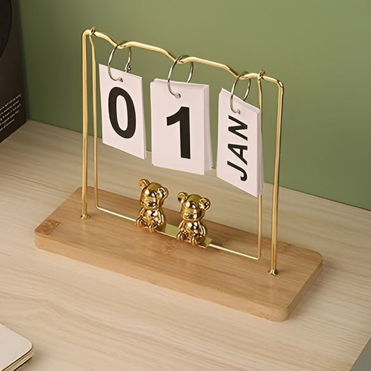 Gold & Silver Metal Desk Calendar with Wooden Base / Reusable Flip Calendar for Home & Office Decor with Bear Figurines