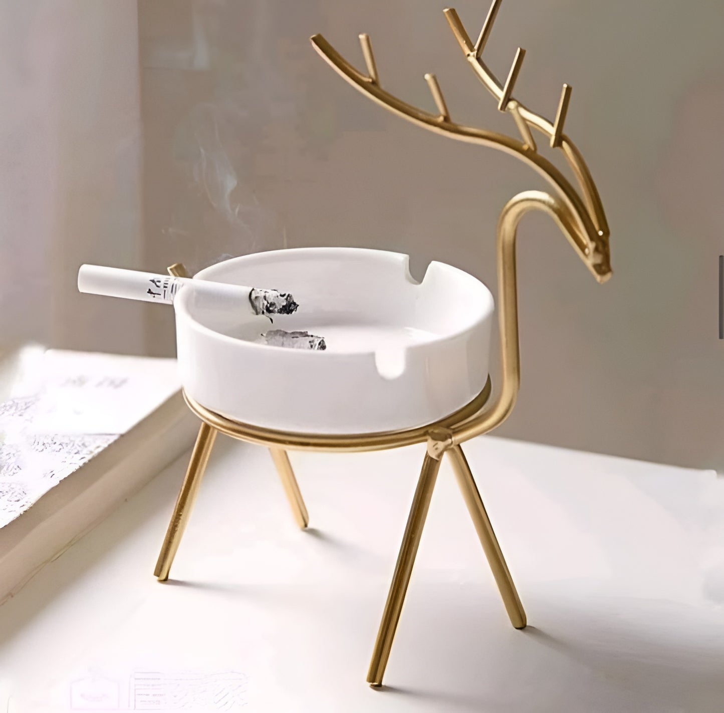 Elegant Deer-Shaped Ceramic Ashtray with Metal Stand