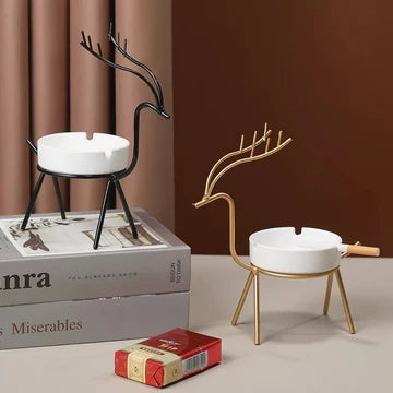 Elegant Deer-Shaped Ceramic Ashtray with Metal Stand